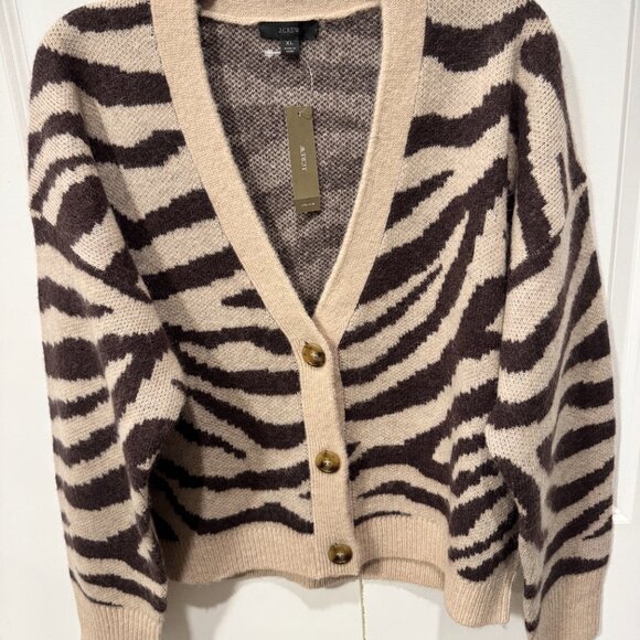 NWT J CREW Ribbed V-neck cardigan sweater in zebra stripe XL - Picture 1 of 3